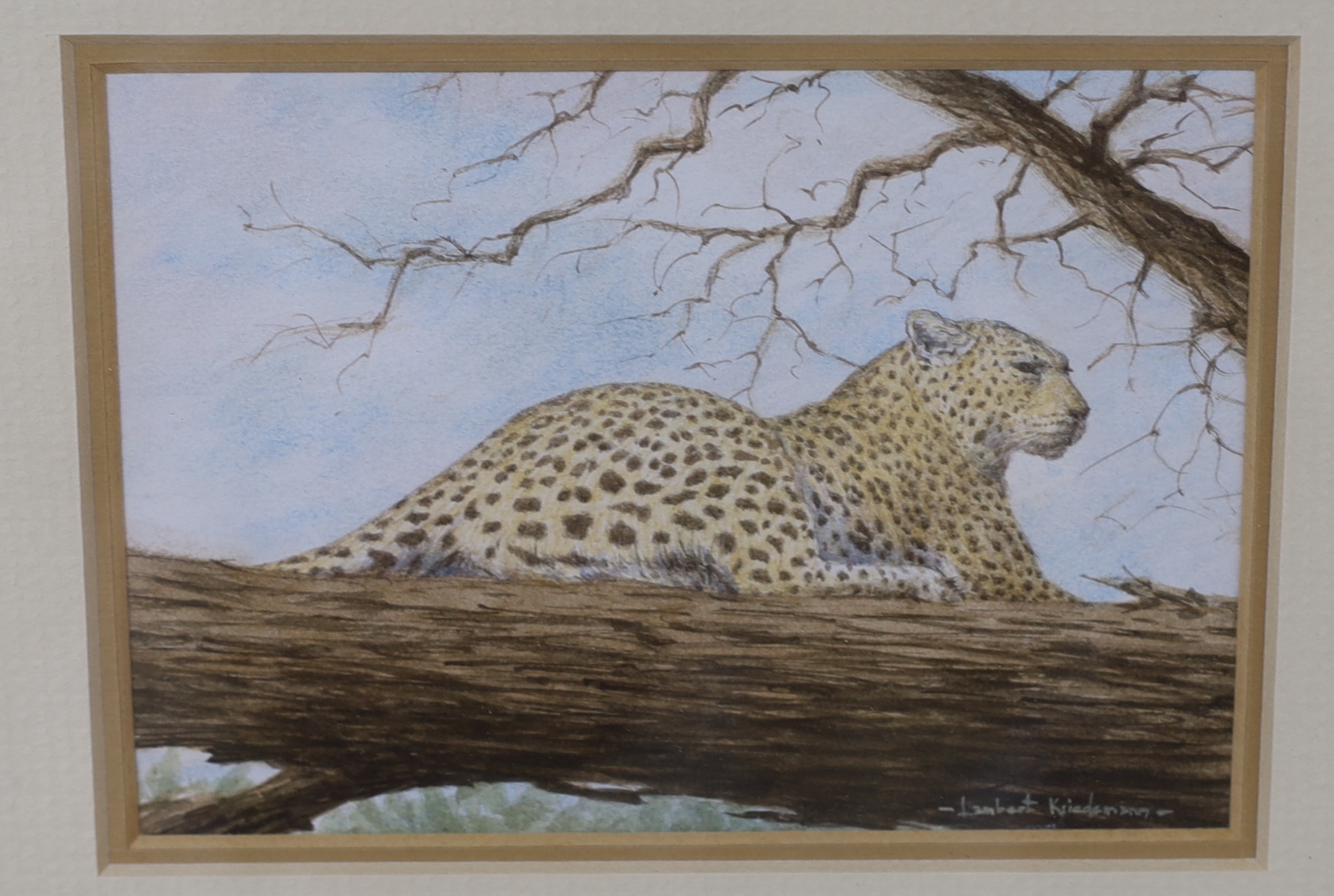 Lambert Kariedemann (South African, b.1951), pair of watercolours, Leopards and antelopes, together with two miniature oils by the same artist, landscapes, each signed, largest 9 x 12.5cm